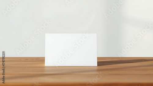 A simple blank card on a wooden surface, embodying minimalist elegance with soft lighting.