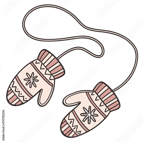 Knitted mittens with string and winter pattern gloves