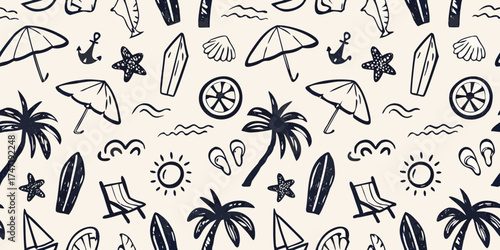 Charming hand drawn doodle pattern of summer beach vacation elements on a light background