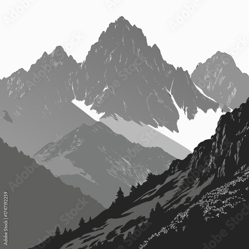 Layered black and gray mountain range with snow accents