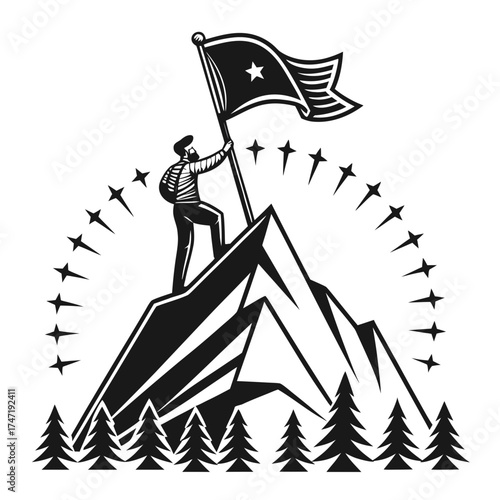 Man on mountain peak planting flag with stars and trees