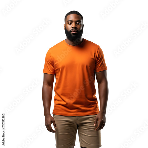 Man wearing an orange t-shirt and tan shorts posing confidently studio portrait isolated on transparent background