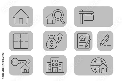 Real estate web icons set in glassmorphism style. Outline pictograms pack for property business: search home, rent or sale, building plan, mortgage, contract, moving, property.