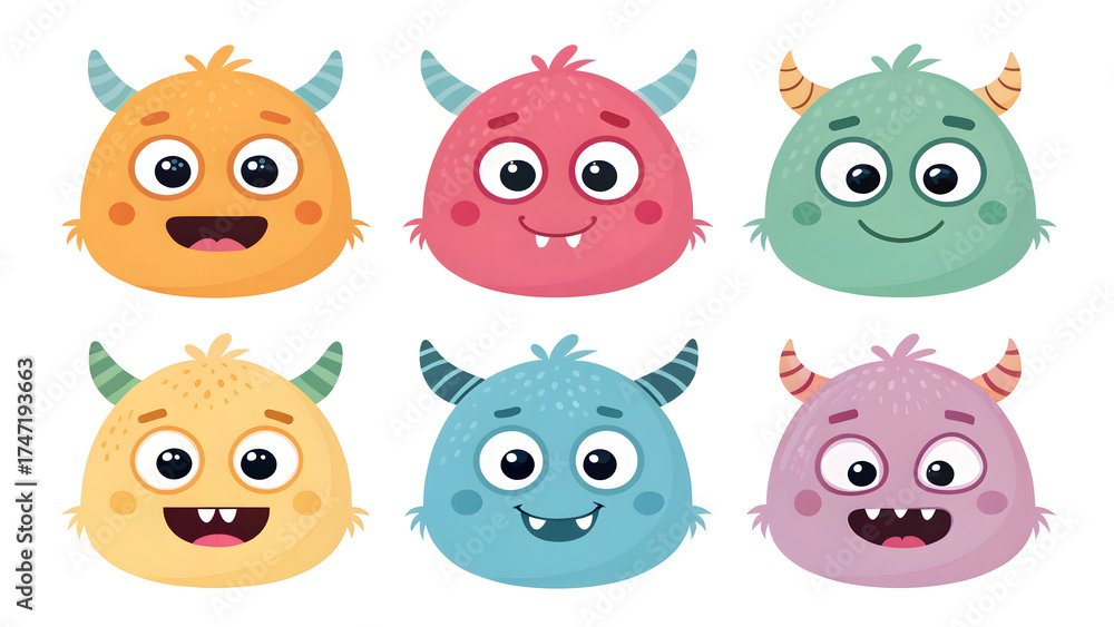 Naklejka premium Cute Monster Heads Pack on White Background minimal colorful monsters, round shapes, different emotions, clean outlines