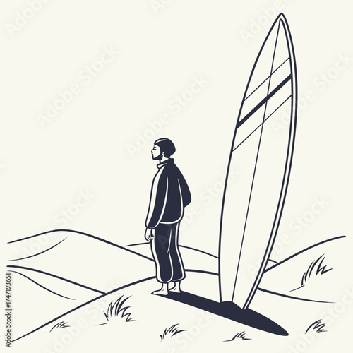 Person standing by surfboard on sand dunes vector