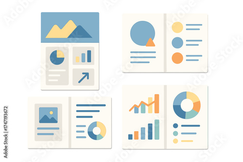 Set of multipurpose presentation templates and flat brochure layouts. Vector infographic design with data visualization elements, charts, and graphs for business reports and analysis.