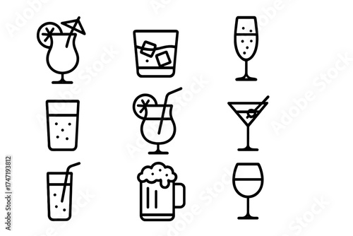 Drink and cocktail line icon set. Simple linear vector illustration of alcohol beverages for bar menu. Glass of wine, beer, champagne, martini, whiskey icons for web.