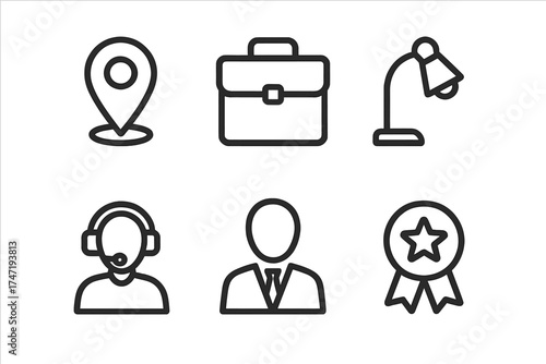 Business line icon set. Vector symbols for website and mobile app UI. Includes location, work, idea, customer support, user profile and quality award. Editable stroke pictogram.