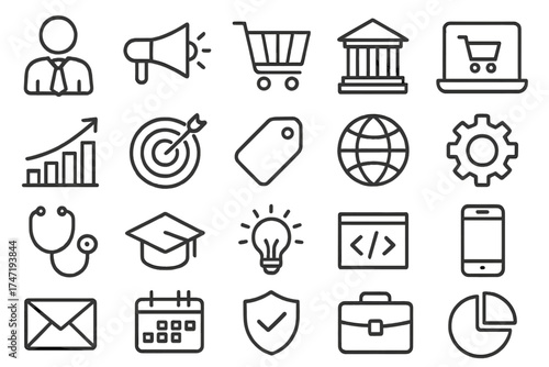 Simple line icon set. Business, marketing, shopping, banking, e-commerce, SEO, technology, medical, education, web development pictograms. Vector outline graphic elements.