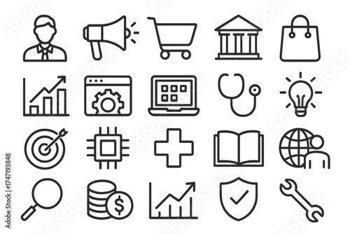 Simple vector flat line icon set. Business, marketing, shopping, banking, e-commerce, SEO, technology, medical, education, web development. Universal icons for finance and security.