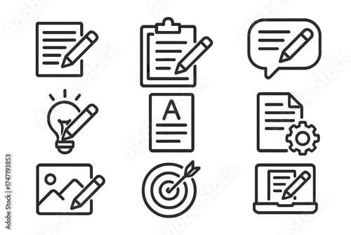 Copywriting line icon set for content creation. Vector icons for marketing, blogging, editing, and SEO. Includes writing, idea, story, targeting, and management symbols.