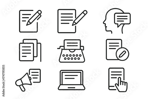 Copywriting line icon set for content creation and marketing. Vector symbols for writing, editing, blogging, and storytelling. Simple outline pictograms for website and mobile app UI.
