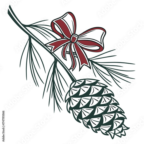 Pinecone with red ribbon bow on pine branch pine needles