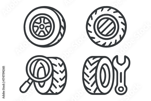 Car tire service and repair line icon set. Automotive wheel maintenance, inspection, and fitting symbols. Vehicle garage workshop pictogram. Auto mechanic tool vector logo concept.
