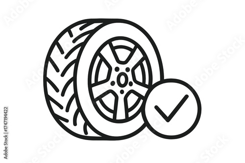 Car tire service check icon. Vehicle wheel maintenance and repair. Automotive inspection passed. Quality and safety guarantee symbol. Auto garage certified vector illustration.