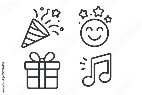 Party celebration line icon set. Event outline icons. Birthday, holiday symbols. Gift box, confetti popper, happy emoji, music note. Simple linear vector illustration.