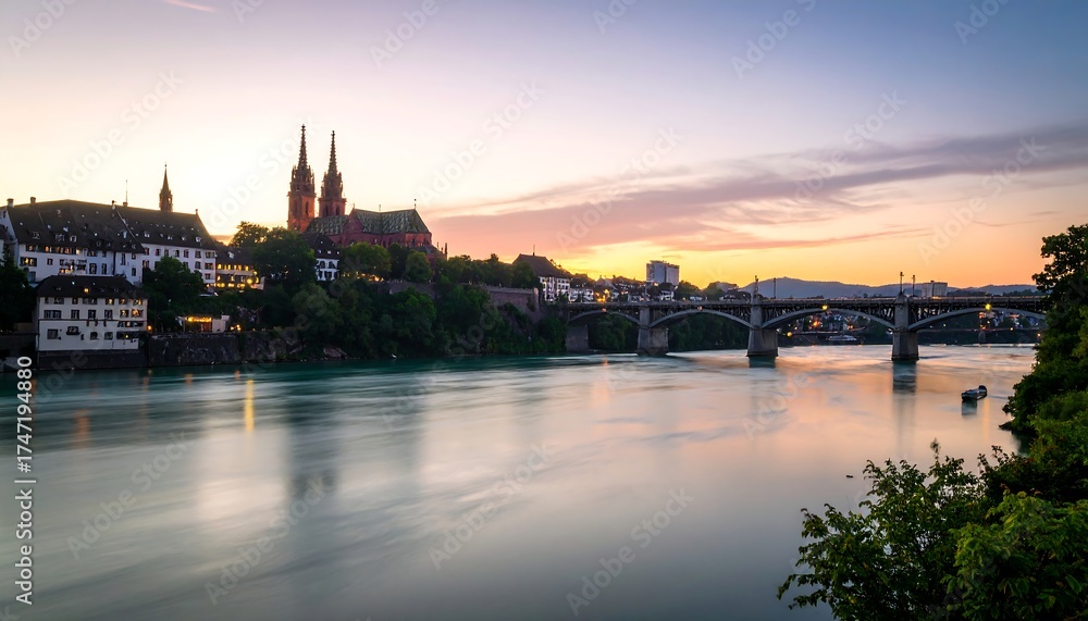 Naklejka premium European cityscape at sunset over a river