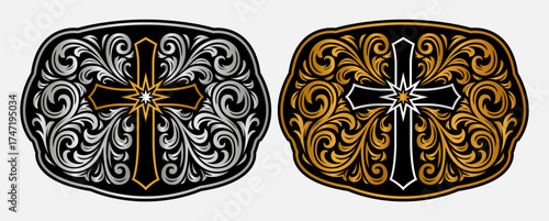 Cross Cucifix Star Badge Rodeo Cowboy label belt buckle wild west cowboy style tag stylized Western Decorative Floral Frame vector design.