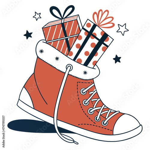 Red sneaker filled with Christmas gifts and stars boot