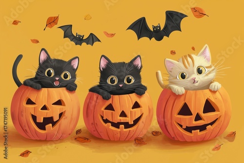 Cute Kitten hid in a pumpkin candy bowl on orange background.