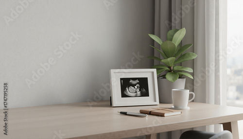 Baby ultrasound photo in frame on wooden desk with plant and diary. Home Office atmosphere