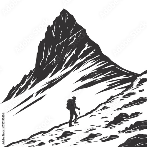 Silhouette hiker climbing steep black mountain peak 1