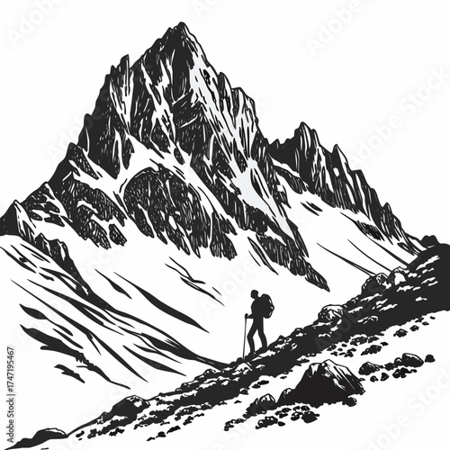 Silhouette of a lone hiker on a rocky mountain slope