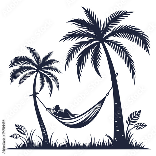 Silhouette of person relaxing in hammock between palm trees 1