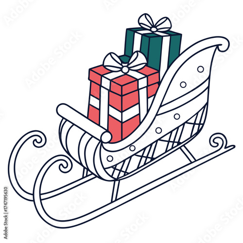 Sleigh with red and green gift boxes gifts Christmas