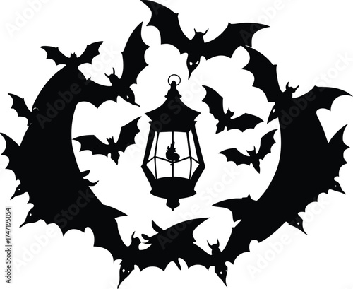 Bats Circling Around Glowing Lantern Silhouette