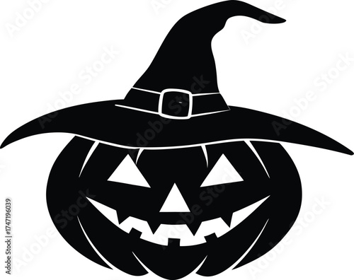 Carved Pumpkin Lantern With Witch Hat Silhouette