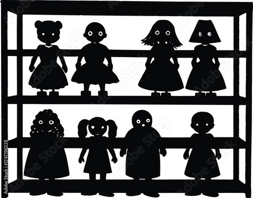 Creepy Dolls Lined Up On Shelves Silhouette