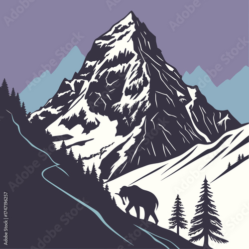 Stylized elephant walks on snowy mountain path silhouette