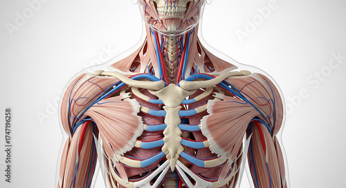 Human chest anatomy showing muscles, bones, arteries, and veins