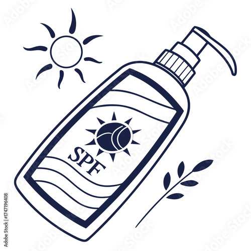 Sunscreen bottle with S P F label and sun lotion