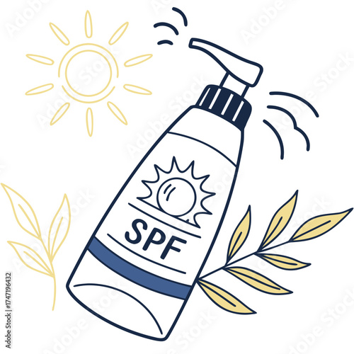 Sunscreen bottle with spf label and sun lotion