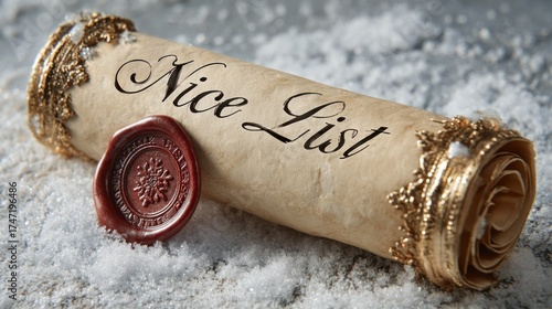 Nice list text on scroll with wax seal and snow background