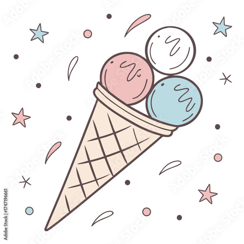 Three scoop ice cream cone with stars and dots three scoops