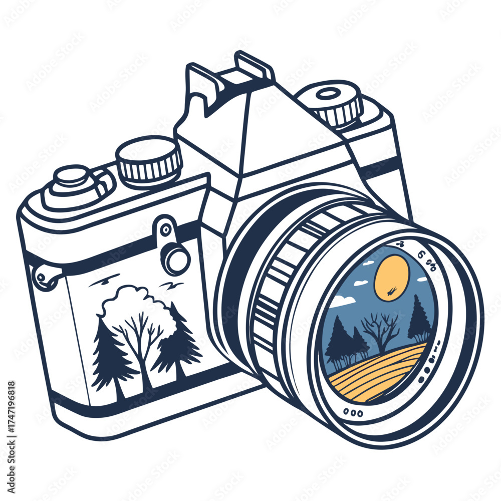 Fototapeta premium Vintage camera with landscape reflection in lens retro camera