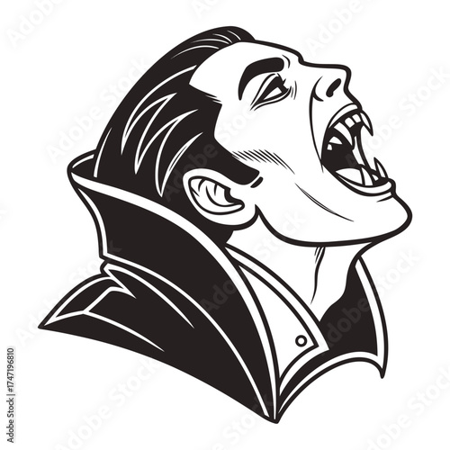 Vampire head with open mouth and fangs monster teeth