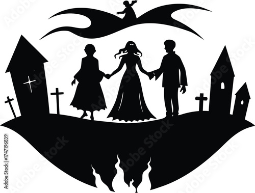 Ghost Family Floating Over Graveyard Silhouette