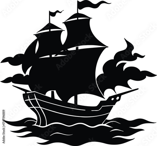 Ghost Ship Sailing On Misty Sea Silhouette