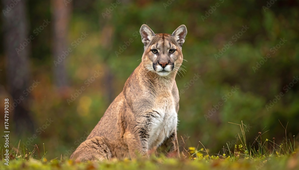 Fototapeta premium Cougar sits in autumn forest. Focus on alert face