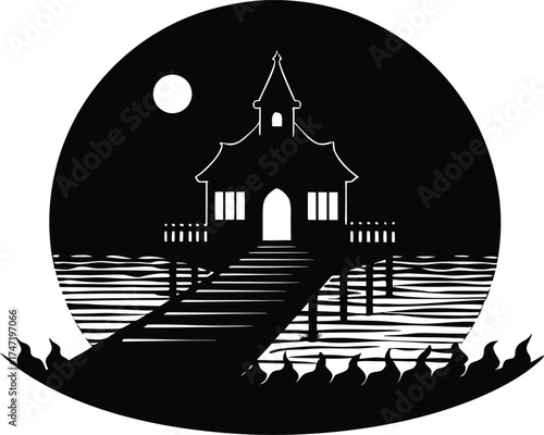 Gloomy Haunted Pier By Misty Lake Silhouette