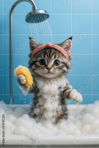 A wide-eyed, fluffy tabby kitten wearing a pink headband, stands in a bathtub filled with bubbly foam, holding a yellow sponge, water cascading from a shower head directly above.