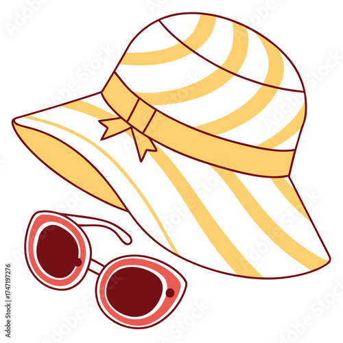 Yellow striped sun hat and red sunglasses beach hat