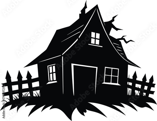 Haunted Barn With Broken Fence Silhouette