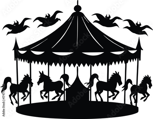 Haunted Carousel With Eerie Horses Silhouette