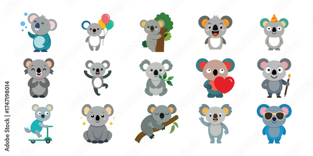 Obraz premium Collection of cute cartoon koala bears in various poses and activities with white background