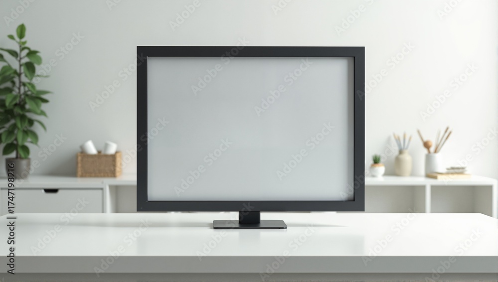 Fototapeta premium Mockup of an empty computer monitor on a white desk in a minimalist office interior